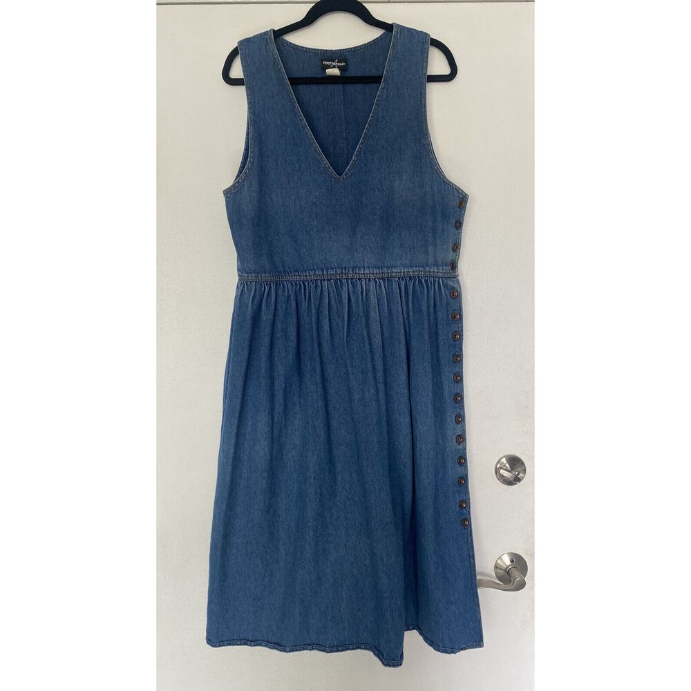 Vintage denim Retro Blue Boho jean jumper MIDI 90’s dress side buttons M L 10 12